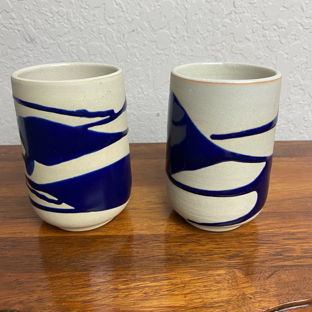 Pair of Navy and Cream Ceramic Art Mugs